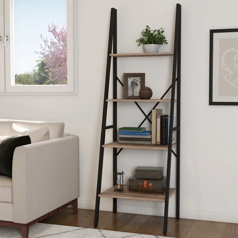

4 Tier Leaning Ladder Bookcase, Gray