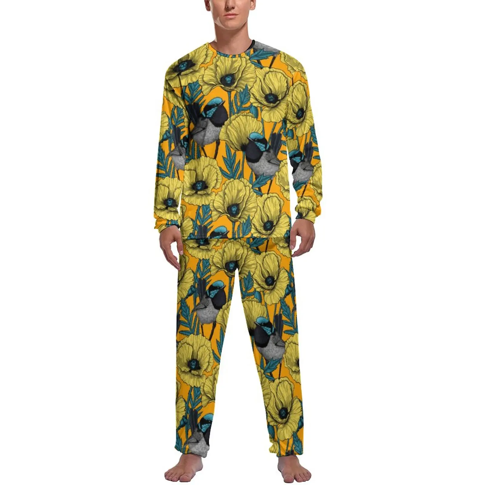 Cute Birds Print Pajamas Men Yellow Flower Lovely Nightwear Autumn Long-Sleeve 2 Piece Casual Graphic Pajama Sets