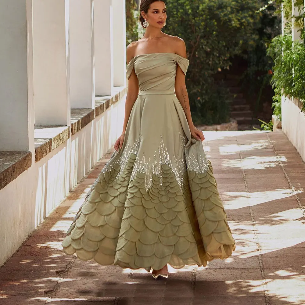 

Fashion Prom Dress Off The Shoulder Applique Sequin Draped Elegant Women's A-Line Backless Lace-up Ankle-Length Evening Gown