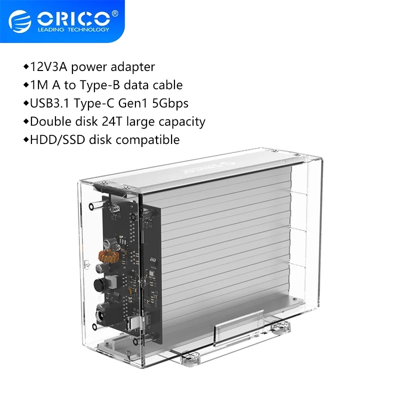 ORICO HDD Enclosure Transparent Series Dual-Bay 3.5 ‘’ Type-C Portable Hard Drive Enclosure External Solid State SSD Hard Drive