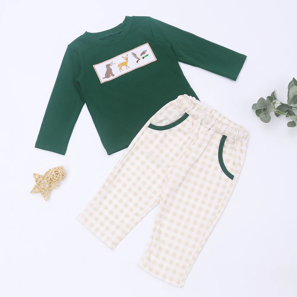 

0-8Yrs Long Sleeve Winter Baby Boy Clothes Hunting Suit With Animal Embroidery 2Pcs Dark Green Casual Outfit Long Pants For Kids