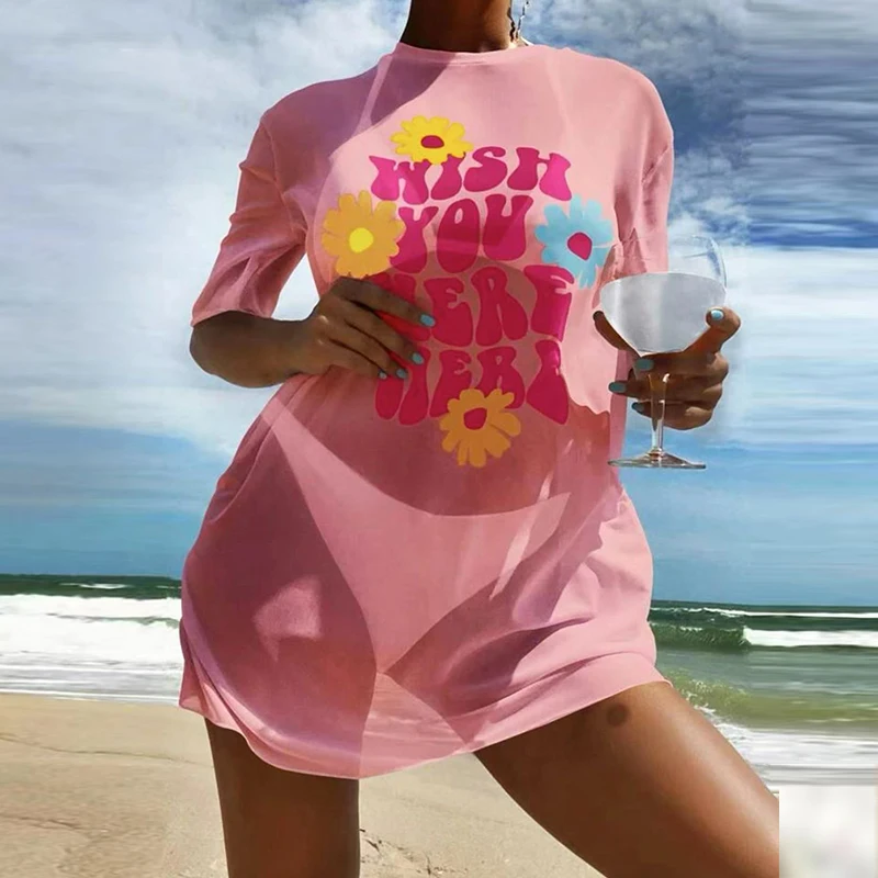 

New Sexy Holiday Hot Spring Set Women Triangle Bag Halter Tie-up Bikini+O Neck Print Short Sleeve Tops Suit Summer Beachwear Set