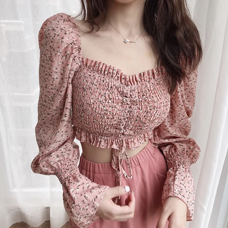 

Hot Selling Fashion Floral Top Women Sweet Square Neck Long Puff Sleeve Ruched Drawstring Crop Top Autumn Woman Party Blouse