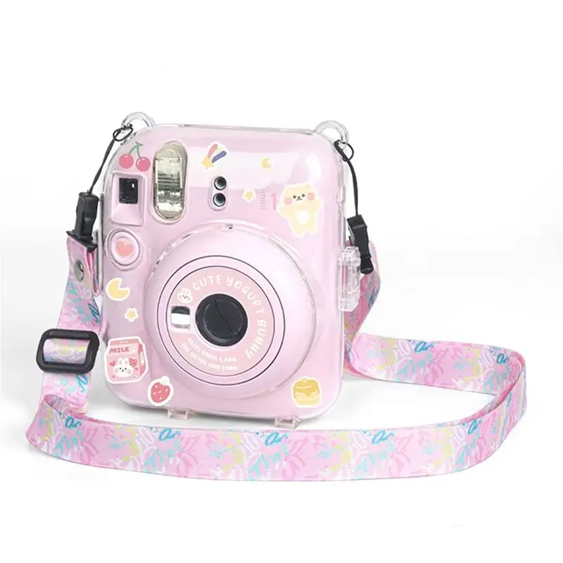 Фото DT51 для камеры Fujifilm Instax Mini 12, прозрачный защитный чехол из поликарбоната с плечевым ремнем и набором наклеек, розовый. №3