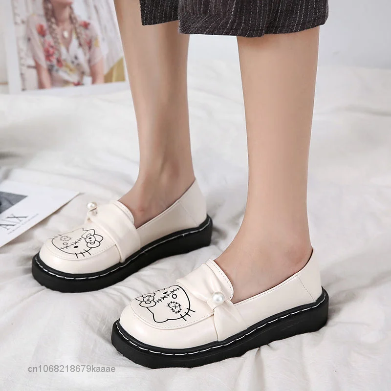 Hello Kitty Shoes JK Round Head Japanese Korean Style Flat Bottom Soft Leather Shoes Women Student Fashion Outside Lolita Shoes