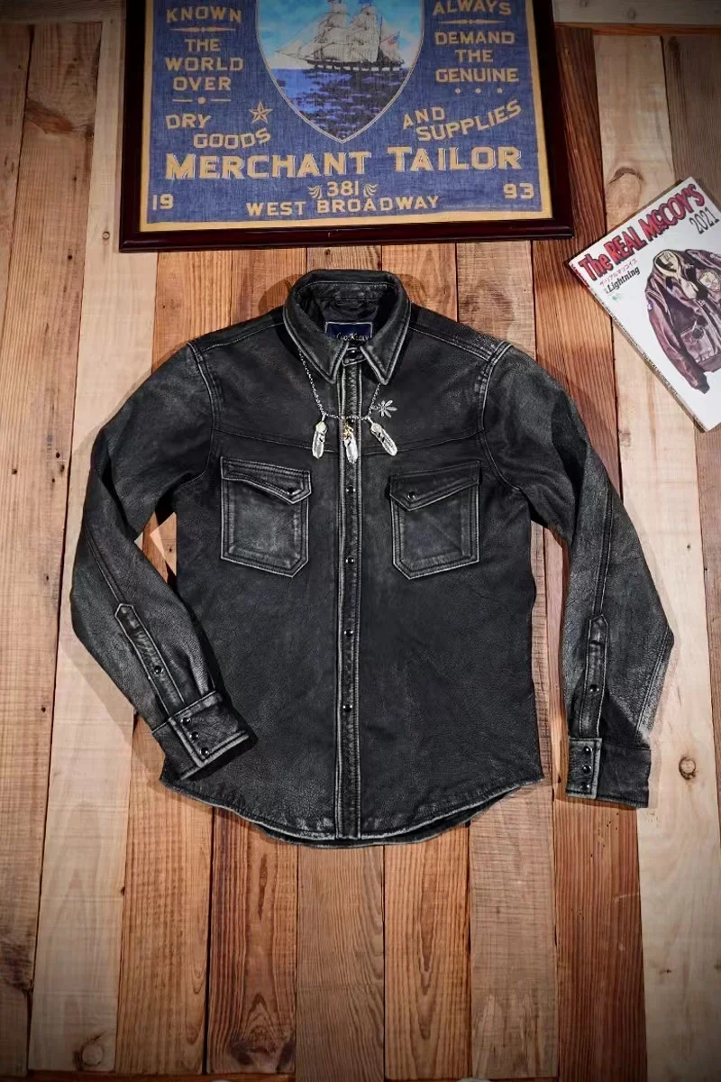 Blunt Razor American Vintage Western Aramco Heavy Wash Distressed Leather Goatskin Shirt Men's Denim