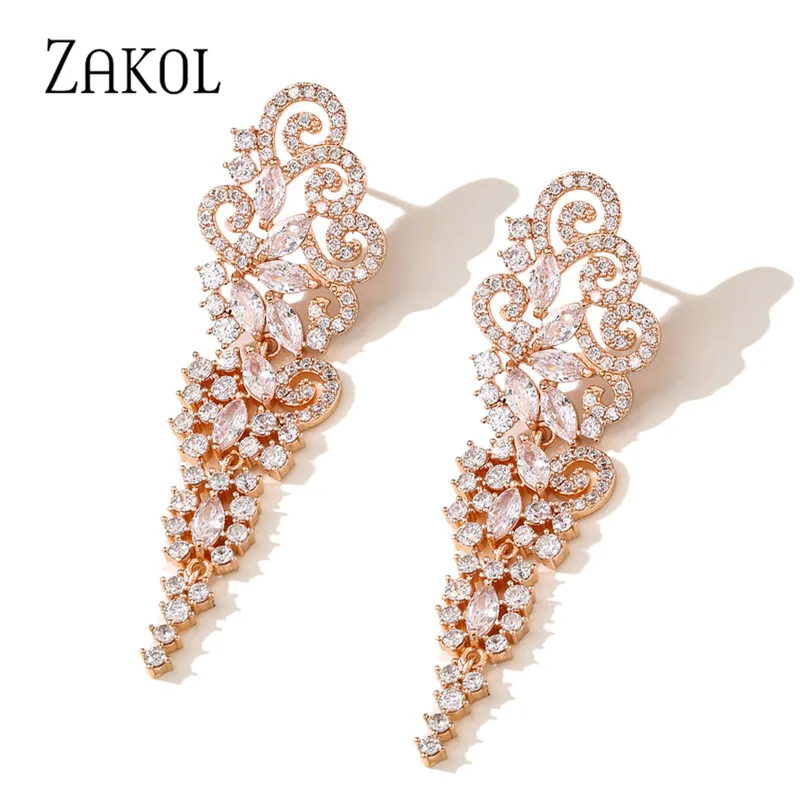 

ZAKOL Длинные свадебные висячие серьги с цирконием для подружки невесты, Роскошный Серебристый лист, Цветочные Свадебные ювелирные изделия д...