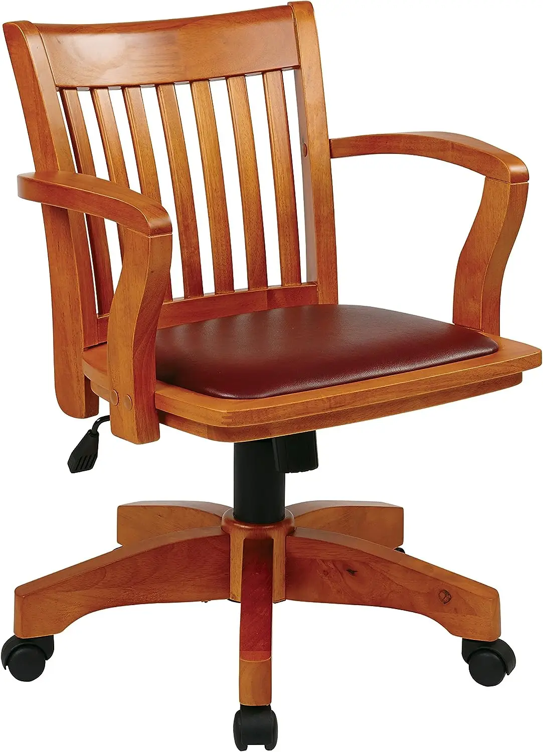 

Wood Banker's Desk Chair with Padded Seat, Adjustable Height and Locking Tilt, Fruitwood Finish and Brown Vinyl Plywood chair Ou
