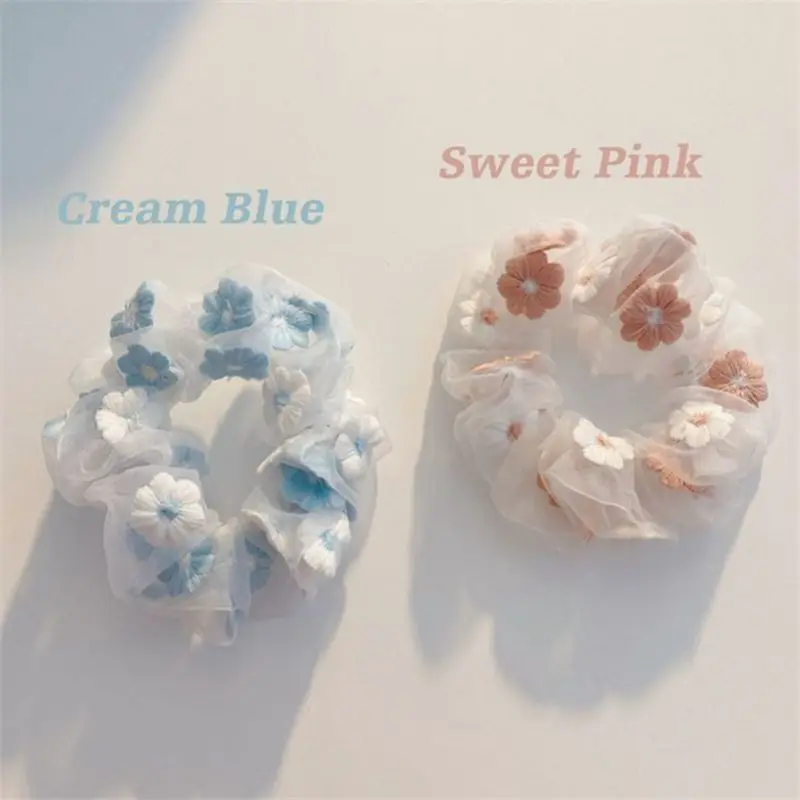 

Sweet Embroidery Flowers Mesh Scrunchies Women Romantic Pink Blue Hair Rope Transparent Tulle Organza Hair Ties Hair Accessories