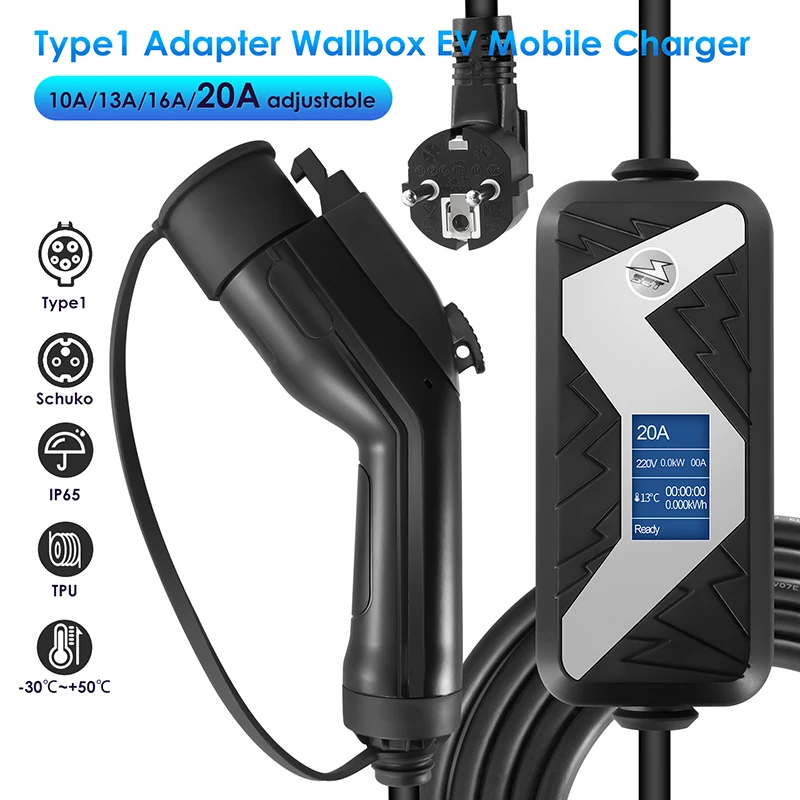 

20A,Electric vehicle charger type1 J1772 IEC 62196-2,EU plug,type1 or type2 Plug, household portable EV charging equipment