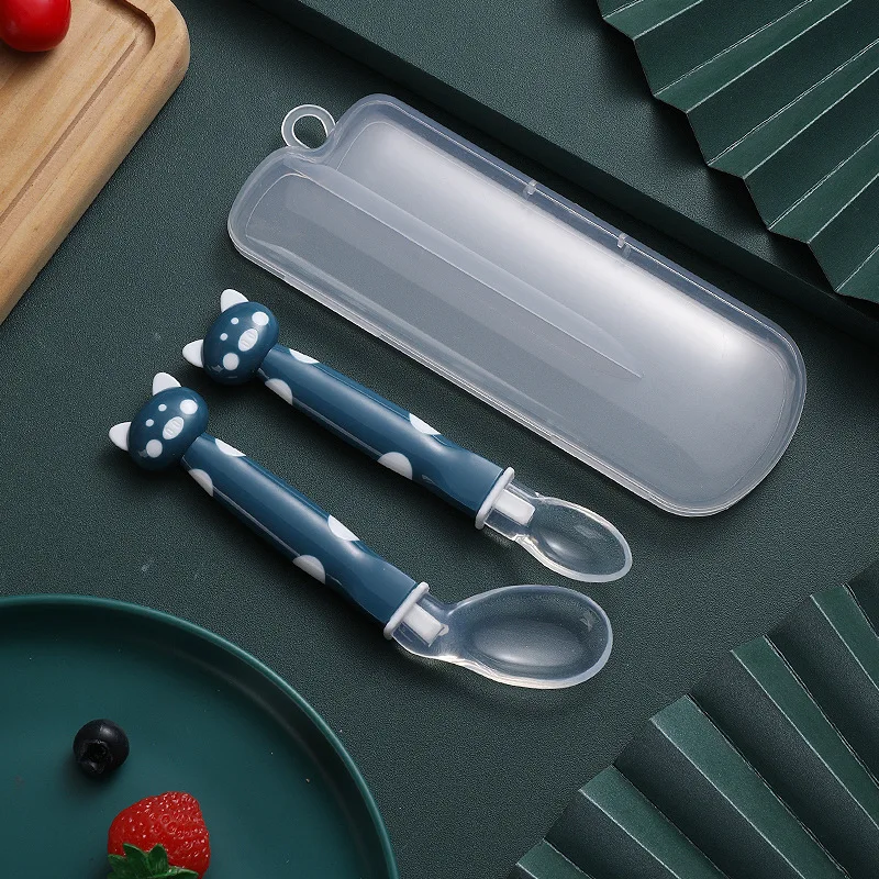 

2pcs Baby Cartoon Spoon box Set Silicone Soft Head Soup Spoon Elbow Spoon Combination Baby Feeding Tableware Boxed