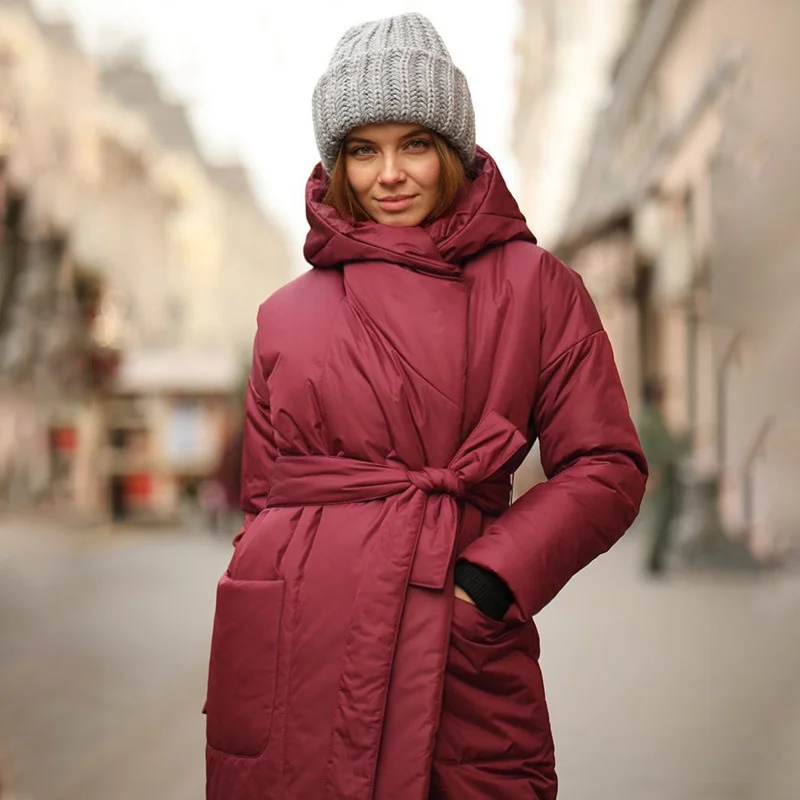 Snow Thickened Coat Hooded Belt Long Cotton Clothes Women's Autumn 2022 Solid Color Cotton Clothes