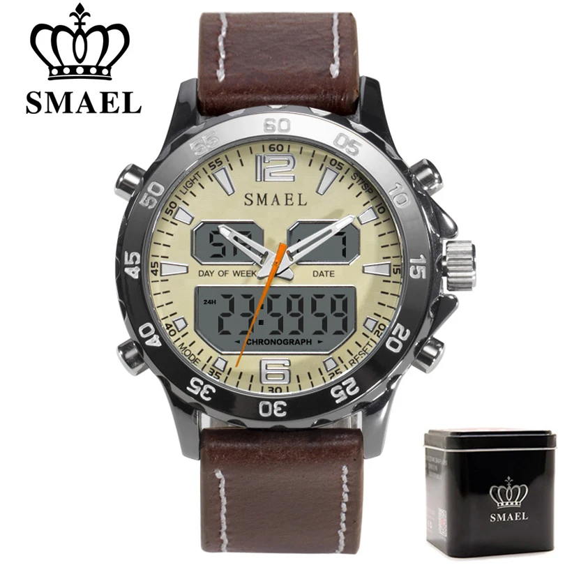 

Часы SMAEL Мужские кварцевые аналоговые, брендовые модные спортивные цифровые армейские в стиле милитари, с кожаным ремешком