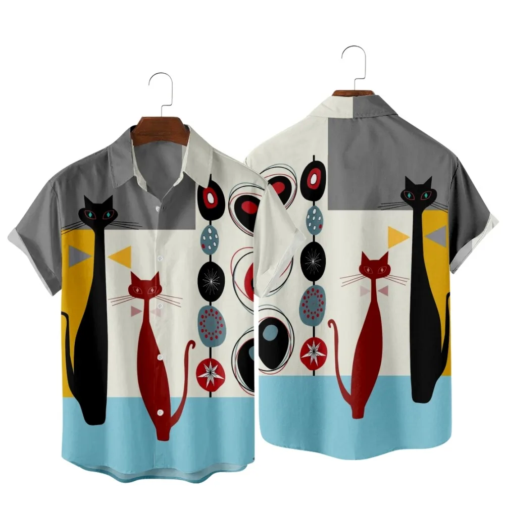 

2020 Retro Cat Pattern Print Shirts, Fashion Casual Retro Hawaiian Beach Style, Summer Pocket Shirts for Men and Women