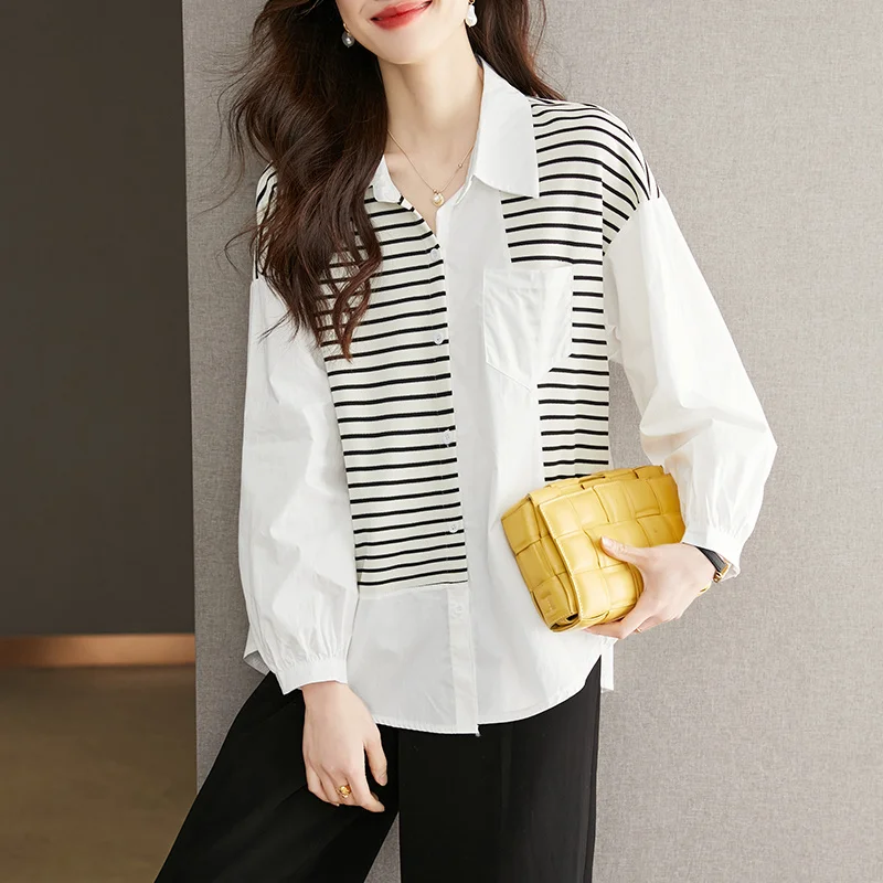 Женская Асимметричная рубашка в полоску черно-белая блузка составного кроя с