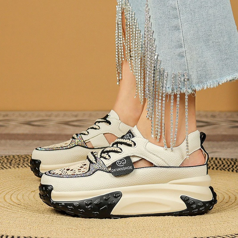 5CM Genuine Leather Comfy Hollow Sandals Breathable Rhinestones Deco Shoe Chunky Sneakers Spring Platform Wedge Women Shoes