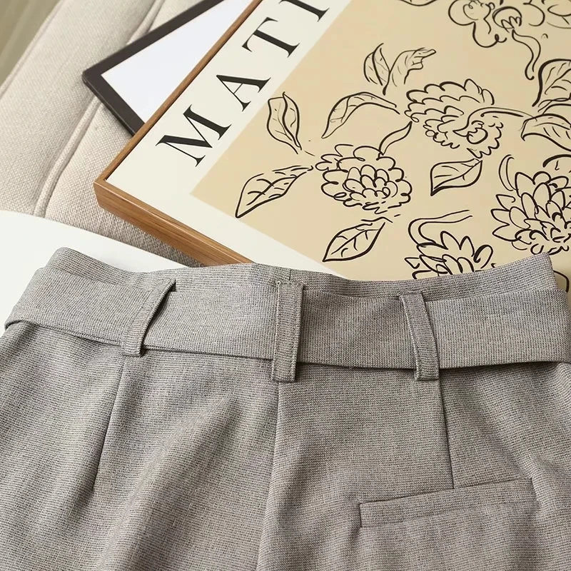 Elmsk 2023 Fashion Simple Sashes High Waist Loose England Style Linen Shorts Casual Bermuda Women