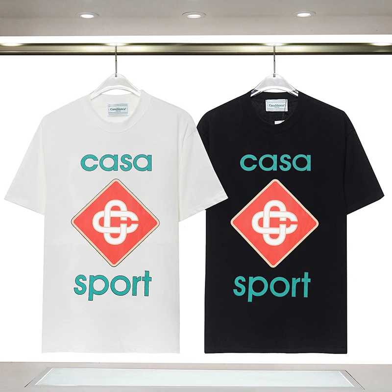 

23ss Fashion Summer New Casablanca Short Sleeve Men Women 1:1 Casa Sport Print Logo Tees Black White Tops Casual Loose T-shirts
