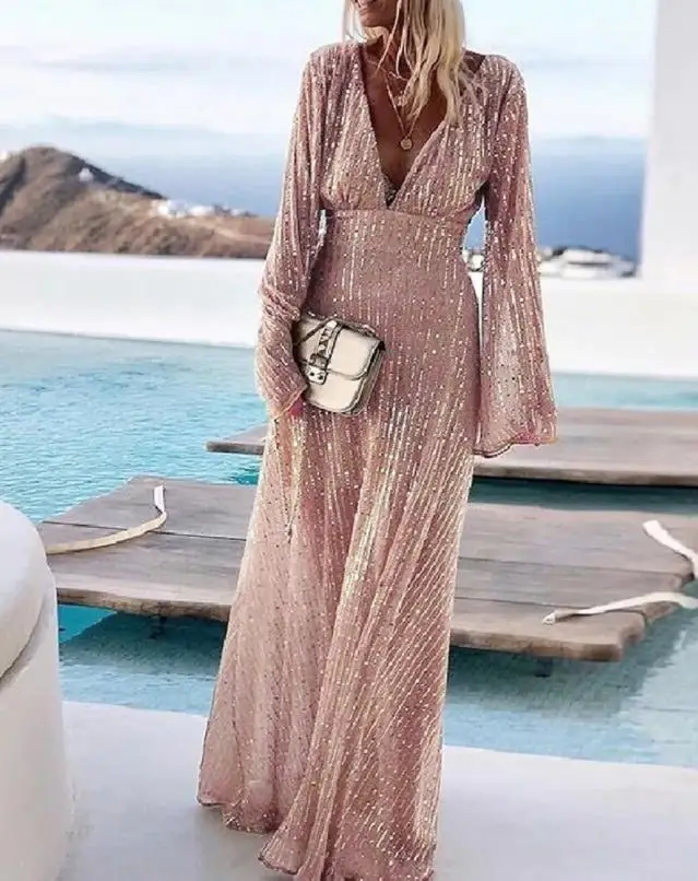 

Dresses For Women 2022 Summer Chic Glamorous Wedding Guest Long Sleeve Plunge Sequin Party Night Out Evening Flared Maxi Dress