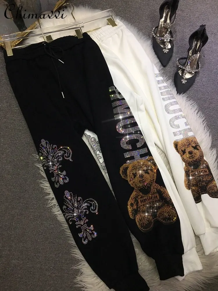 Heavy Embroidery Hot Drilling Sweatpants Cute Bear Casual Sports Pants High Waist Ankle-Tied Autumn and Winter New Trousers