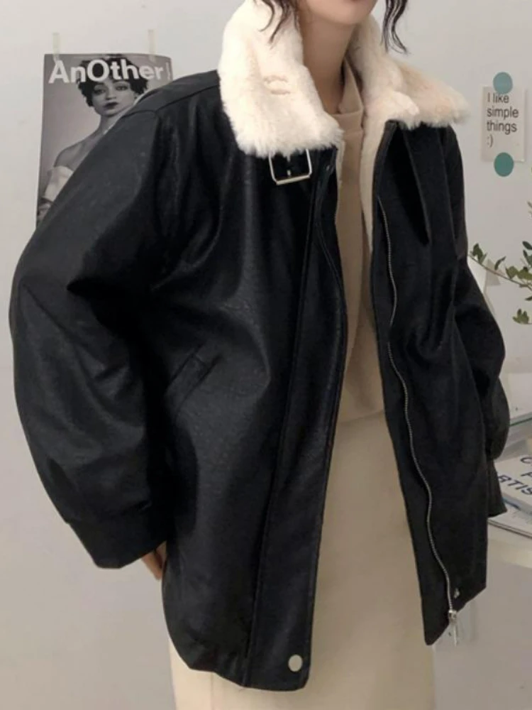 Black Winter Leather Jacket Women Korean Fashion Vintage Zipper Chic Biker Jacket Female Autumn Warm Loose Faux Fur Leather Coat