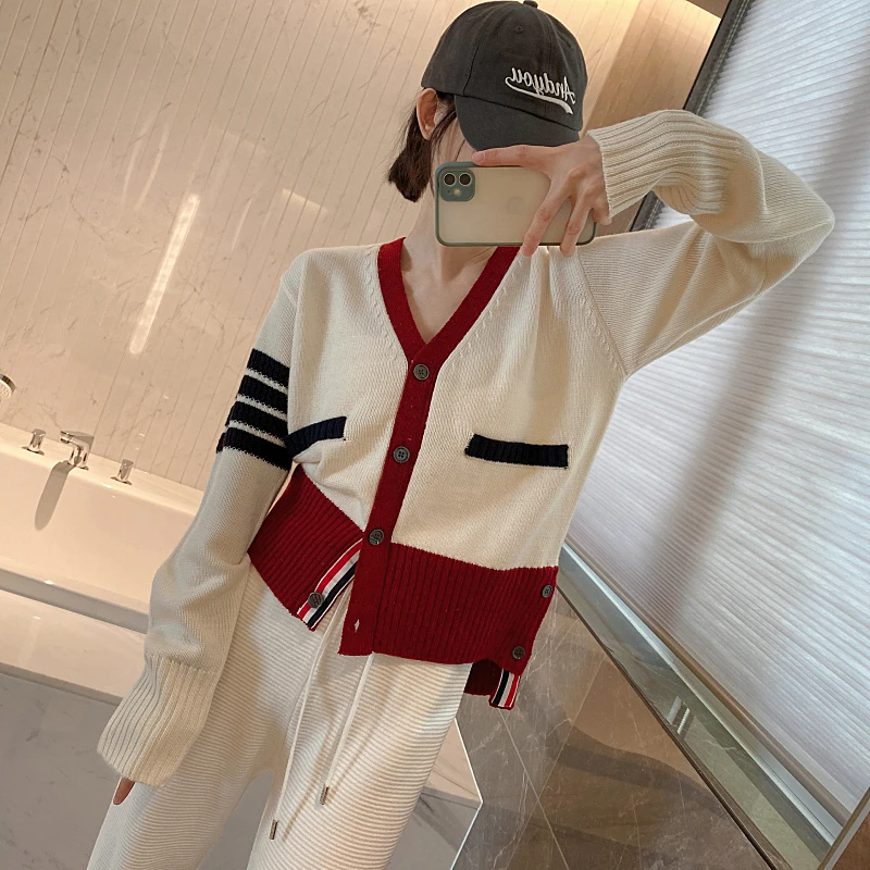 

TB Four Bars Color Dotted Color-block Wool Knit Cardigan Women's Loose V-neck Stripes Contrast Long-sleeved Top Jacket Trendy