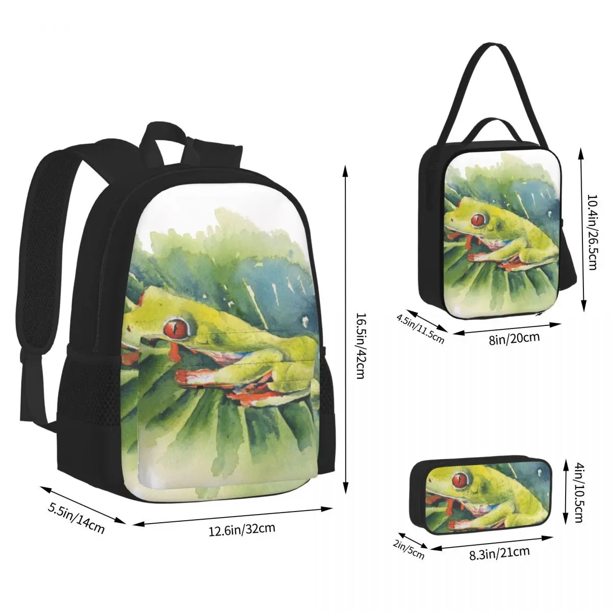 3 Pcs Frog Red-eyed Tree On Leaf Backpack Unique Knapsack for Teenagers Girls Boys Travel Bagpack Children School Bags |