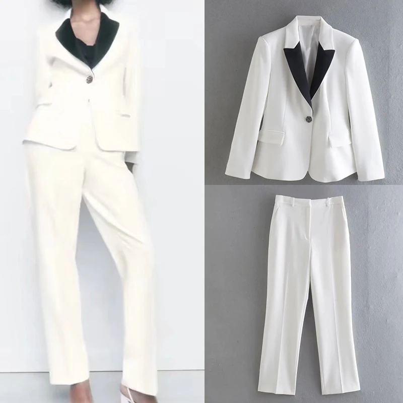 

2022 Spring Women Neutral Wind Long Sleeve Single Button Lapel Blazer High Waist Loose Straight Pants Two Piece Suit CD8608