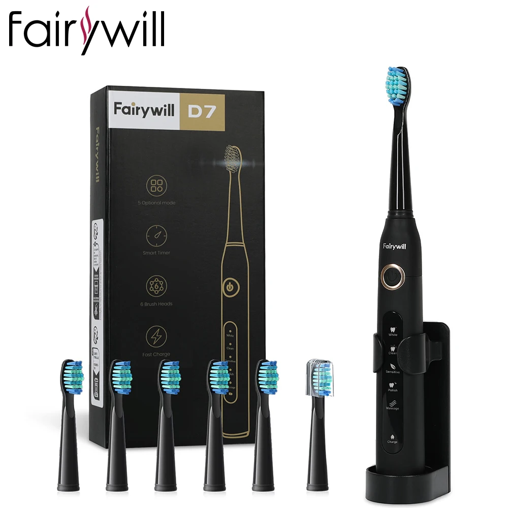 Фото Электрическая звуковая зубная щетка Fairywill с зарядкой через USB FW-507, перезаряжаемые водонепроницаемые электронные зубные щетки, сменные насадки для взрослых №1