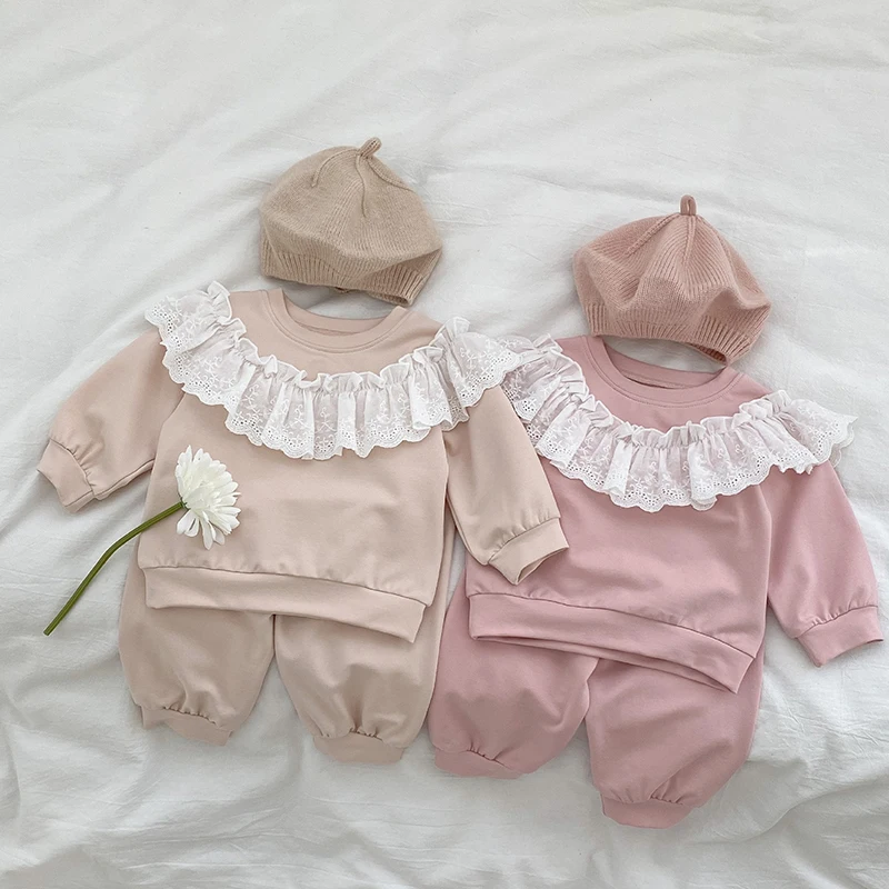 

Spring Autumn 0-3 Yrs Toddler Baby Girl Clothes Suit Long Sleeve Cotton Lace Stitching T-shirt+Trousers Children Clothes Set