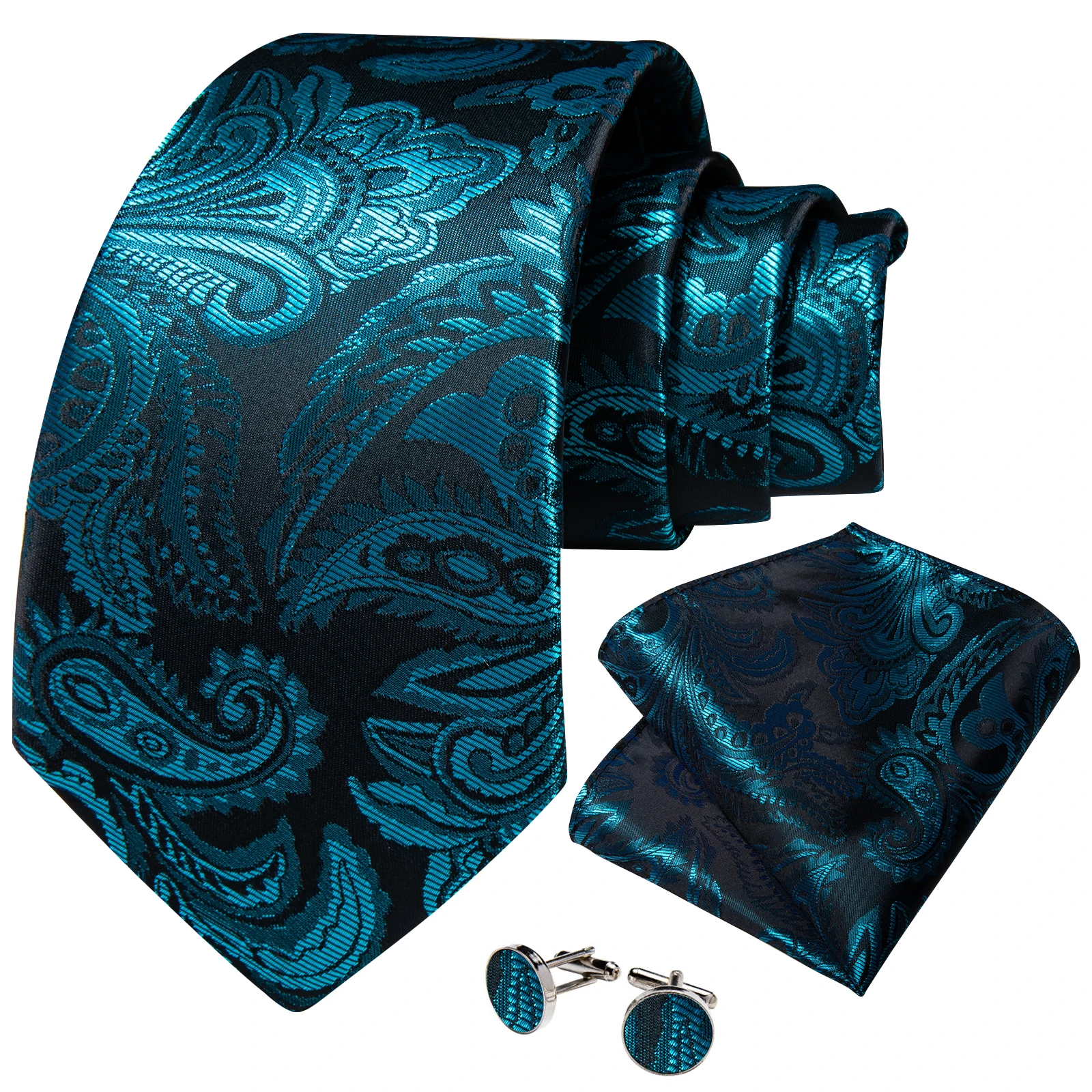 

Luxury Teal Blue Men's 8cm Ties Handkerchief Cufflinks Wedding Party Paisley Necktie Accessories Gift Wholesale