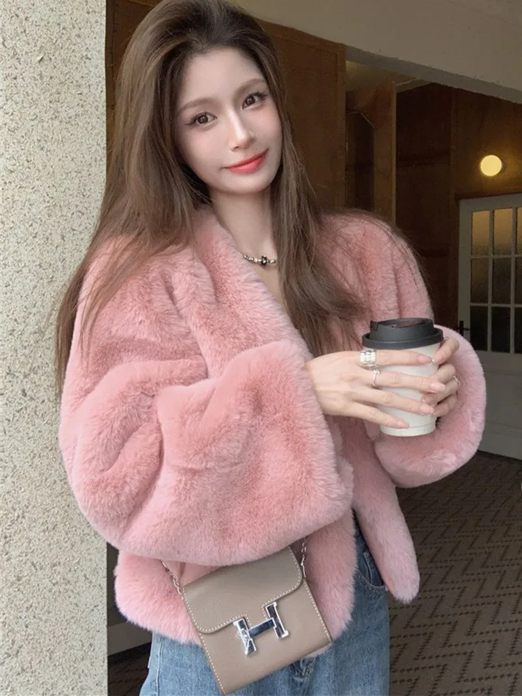 Women Pink Faux Rabbit Fur  Fluffy Jacket Short Winter Furry Coat