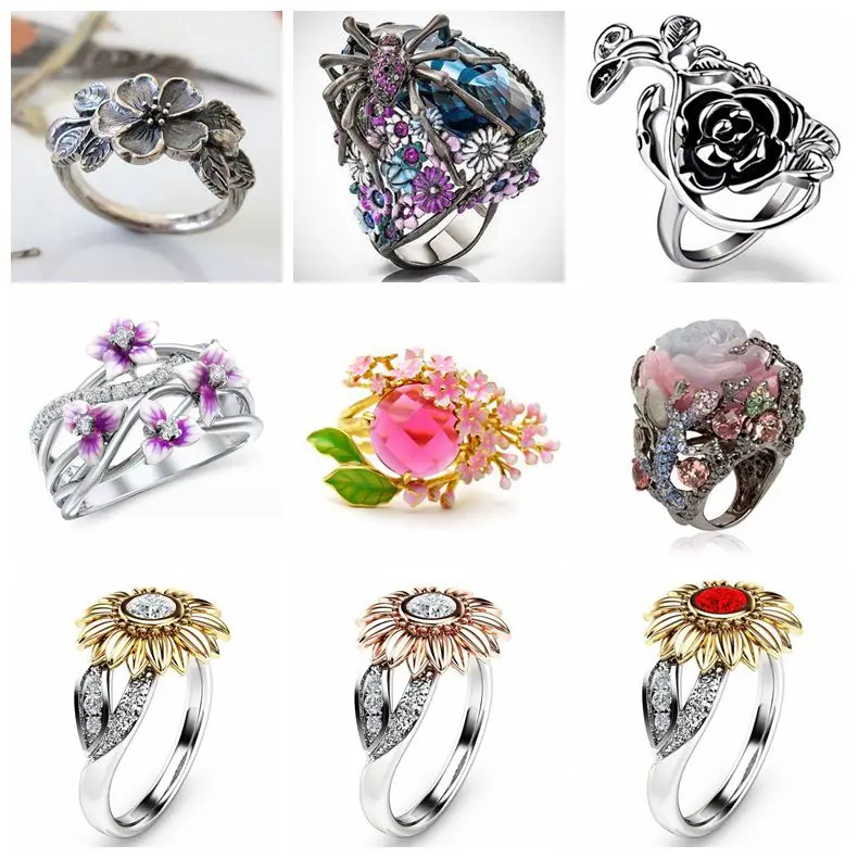 

Creative Blossom Flower Wedding Rings For Women Delicate Unique Tree Branch Green Leaf Flower Rings Inlaid Pink Zirconia Jewelry
