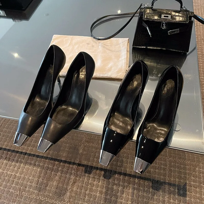 

Женские туфли на высоком каблуке-шпильке, черные туфли с металлическим квадратным носком, сексуальные туфли, новинка 2023