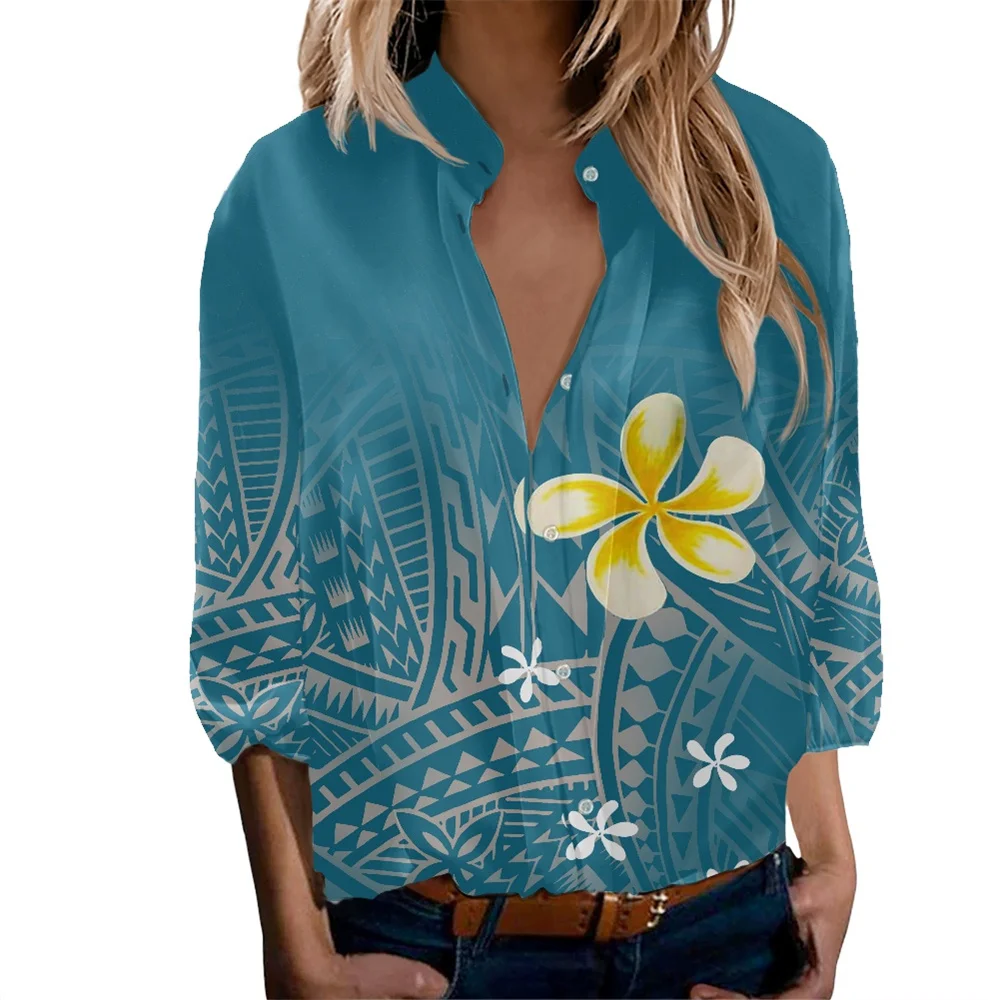 

Customized On Demand Shirts Polynesian Tribal Hibiscus Samoan Fijian Print Casual Blouses Button Down Ladies Long Sleeve Shirts