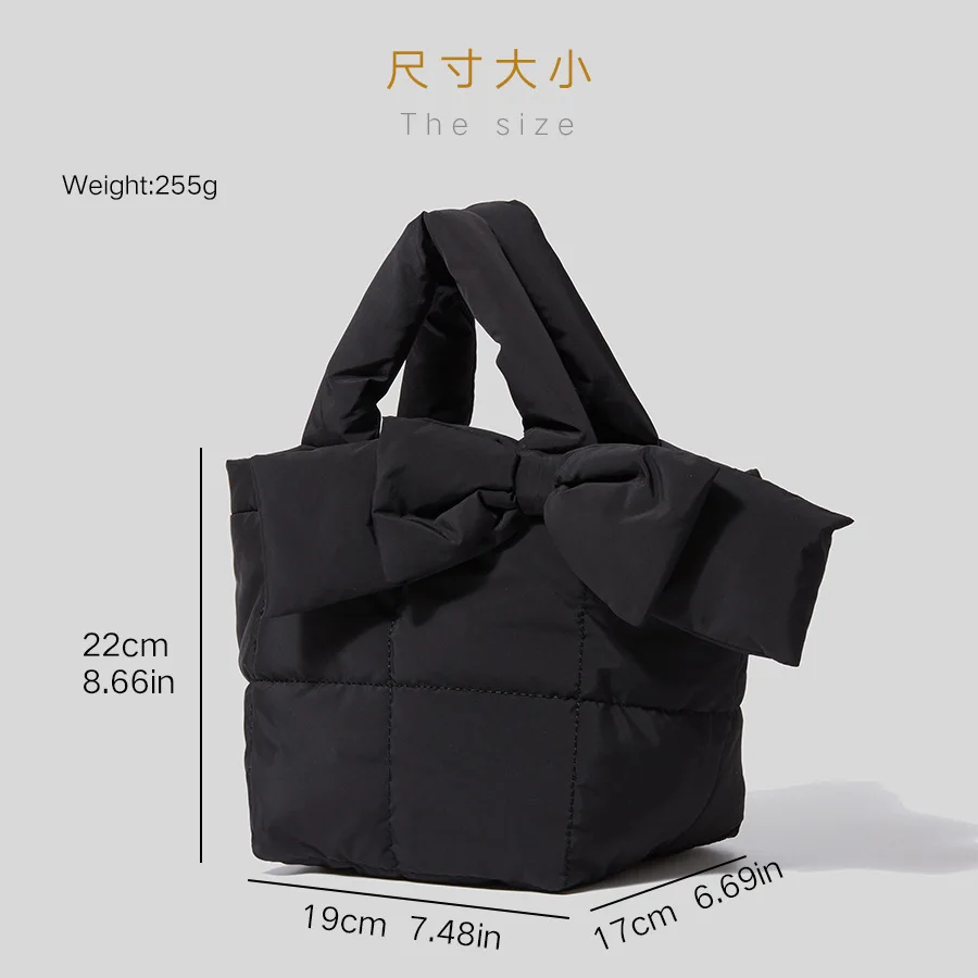 Nylon Bow Tote for Women Down Padded Shoulder Crossbody Bag Winter Handbag Women's Fashion Underarm Bags Casual Purses 2022 Ins