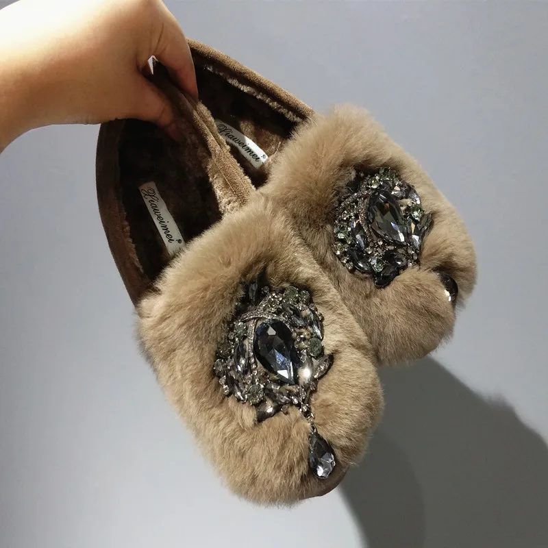 Women Fur Brand Snow Loafers Plush Female Shoes Warm Crystal Flexible Peas Oxfords Ballet Flats