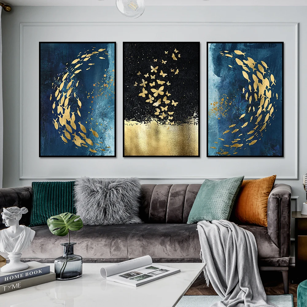 

Светильник Роскошная Картина на холсте Абстрактная Золотая синяя морская рыба плакаты и принты Настенная картина для гостиной кафе домашний декор