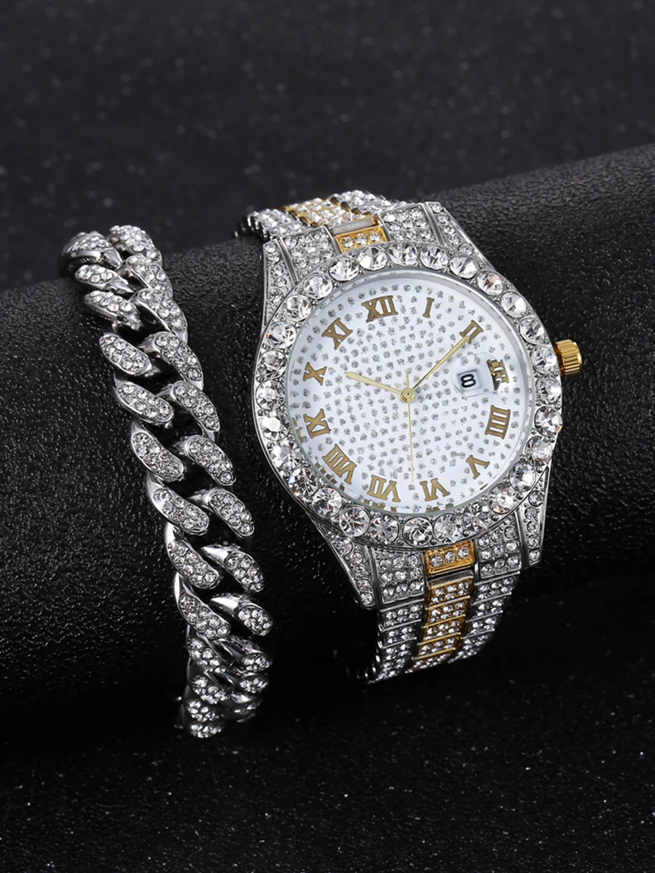 

Punk hip hop watch set diamond-studded bracelet set Men's watch set A07582