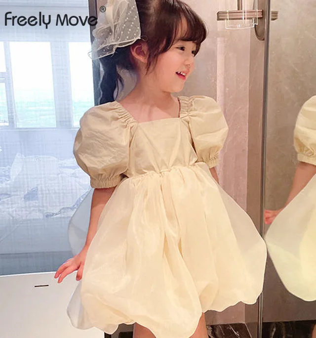 

Freely Move Girls Summer Dress Puff Sleeve Sweet Cute Dress Ball Gown White Princess Party Dress New Children Clothing