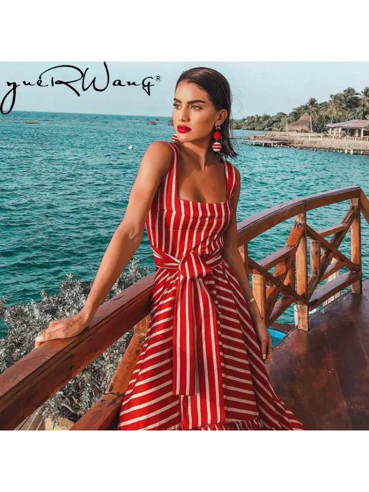 

YuerWang Women Striped Dress2022 summer beach dress Bohemia Dress Sexy Long Maxi Dresses Bow Lace Up Ruffles Long Summer Dress