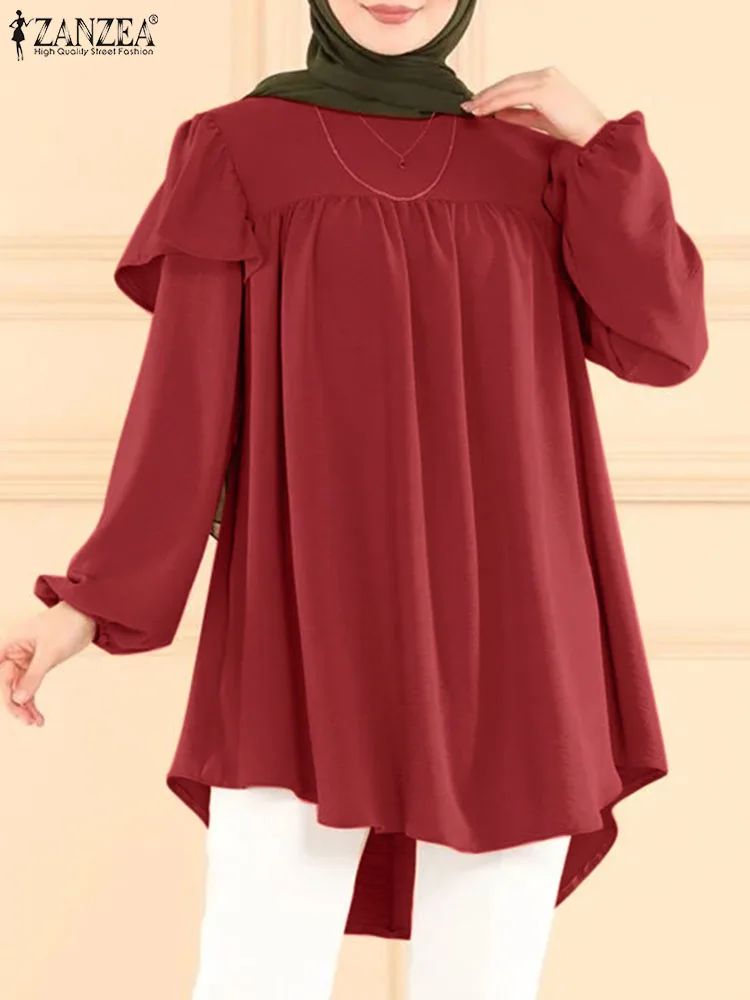 

Женская модная элегантная Свободная блузка ZANZEA из Дубая, турецкие топы, осенняя мусульманская Блузка с оборками, длинным рукавом и круглым вырезом, однотонная мусульманская одежда