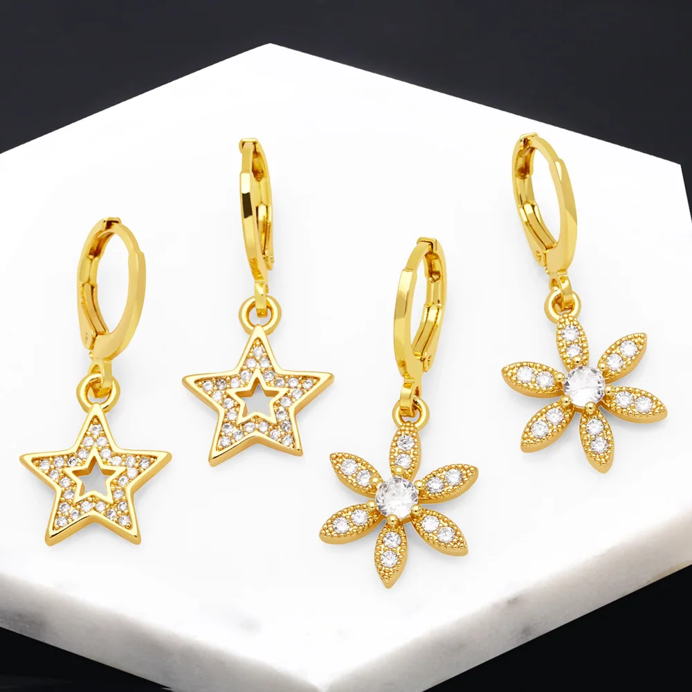 

FLOLA Copper Zircon Star Dangle Earrings for Women Polish Gold Plated Hoops Daisy Flower Earrings Crystal Jewelry Gifts ersa266