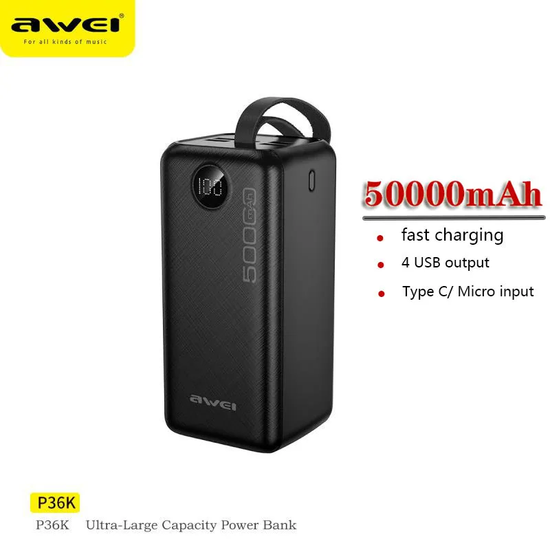 Awei P36K Power Bank 50000mAh Powerful Powerbank For iPhone xiaomi Cellphone With LED Digital Display External Battery Charger