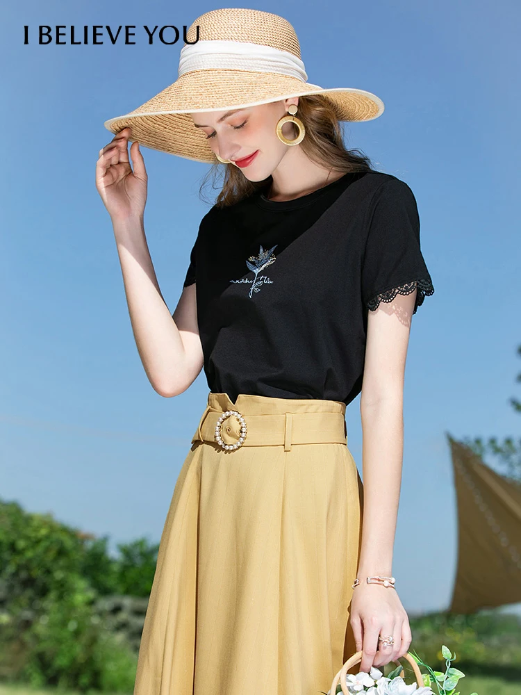 

I BELIEVE YOU Office Lady Cotton T Shirts Women's 2022 Summer Short Sleeve O-neck Embroidery Chic Tops Female T-Shirt 2221014387