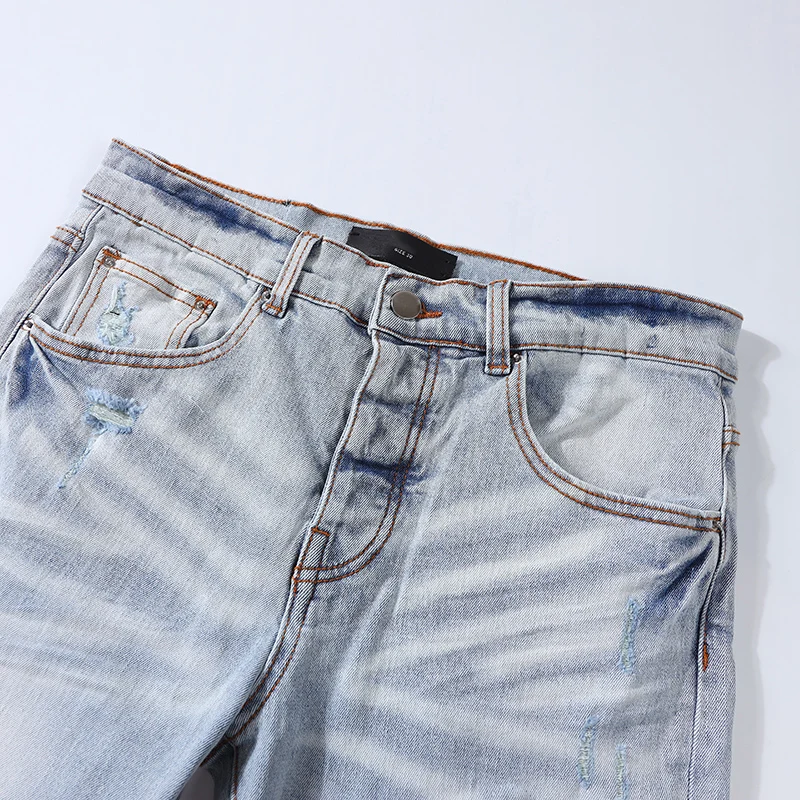 Street Fashion Men Jeans Retro Light Blue Buttons Elastic Stretch Skinny Ripped Jeans Men Patched Designer Hip Hop Brand Pants