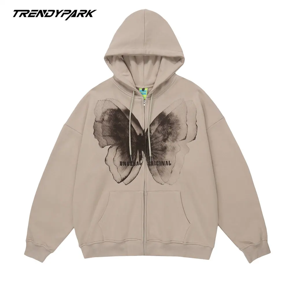 Men's Hoodies with Zipper 2022 Autumn Butterfly Print Hooded Sweatshirts Streetwear Harajuku Cotton Casual Oversized Hoodie