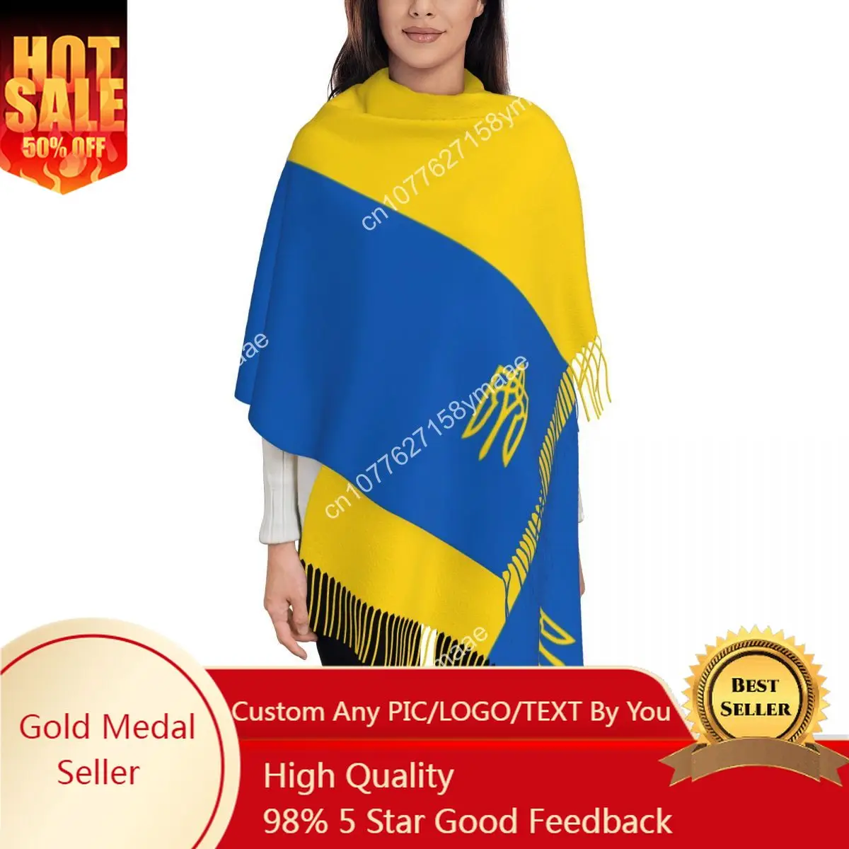 

Custom Egyptian Womens Tassel Scarf Ukraine Flag Large Winter Warm Shawl Wrap Trident Ukrainian Reversible Cashmere Scarf