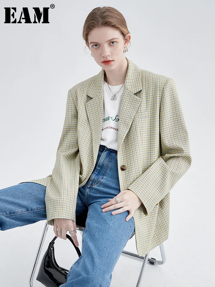 

[EAM] Women Yellow Plaid Shoulder Padded Big Size Blazer New Lapel Long Sleeve Jacket Fashion Tide Spring Autumn 2022 1DE6450