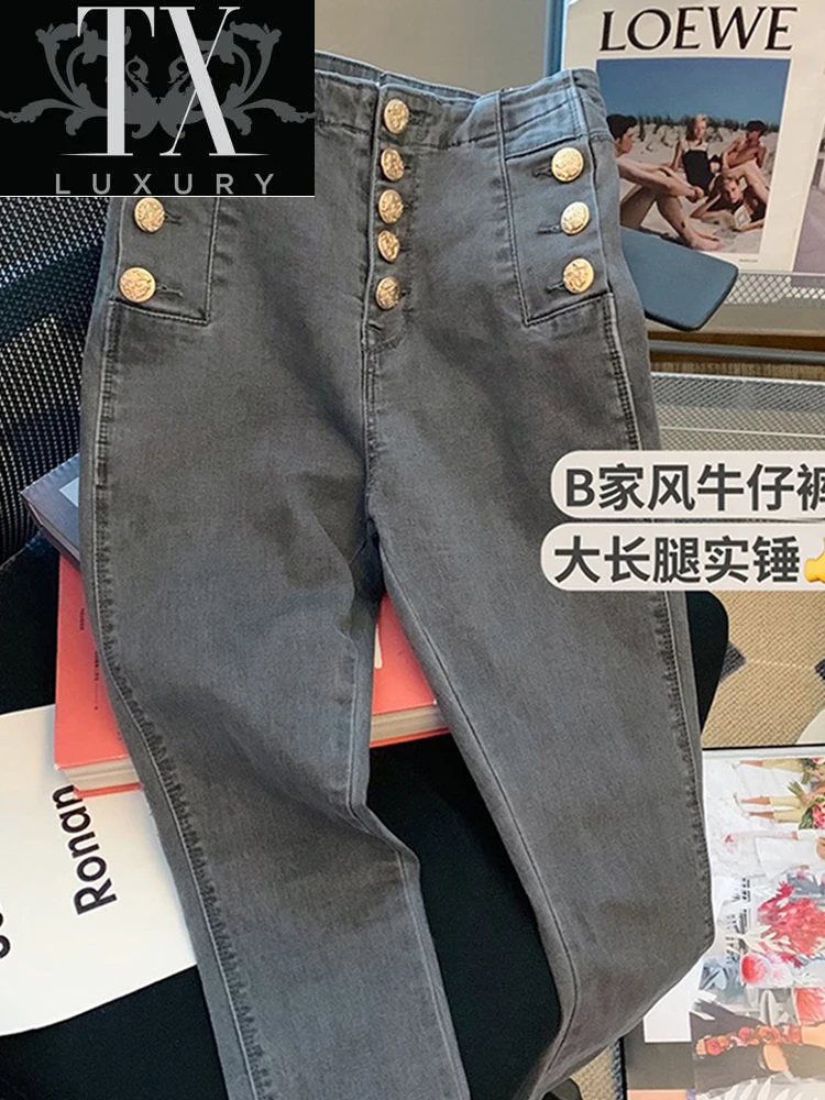 

High Waist Woman Jeans 2022 Summr Fashion Stretch Streetwear Casual Button Slim Denim Pencil Pants Mujer Grey All-Match Trousers